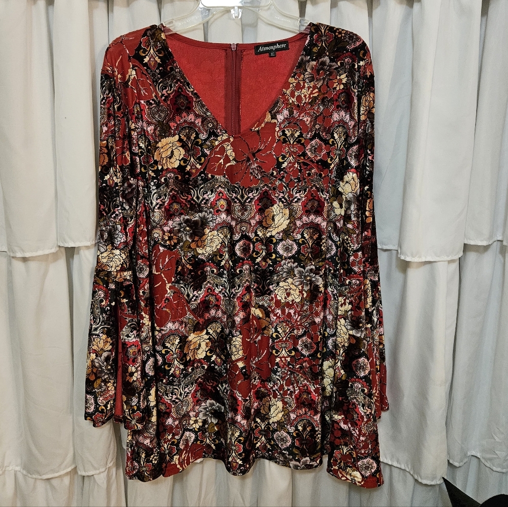 ATMOSPHERE Red Floral Plush Velveteen Burnout Dress With Bell Sleeves